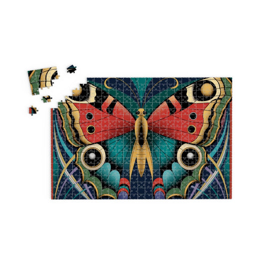 An image of a 1000-piece wooden jigsaw pizzle with an Art Deco-inspired butterly design